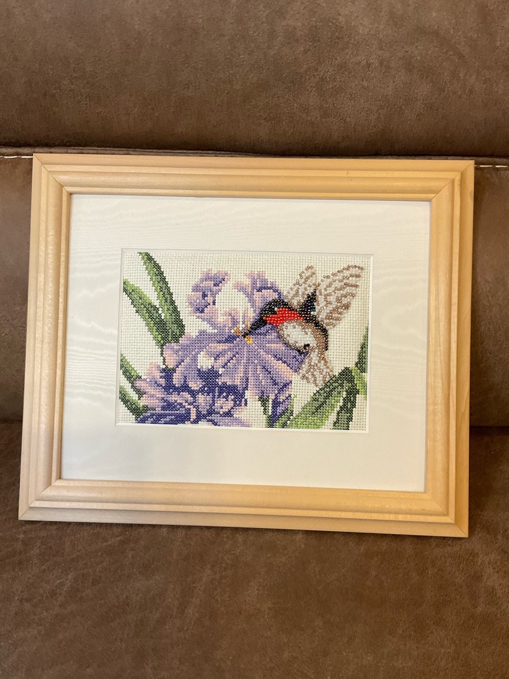 Beaded Hummingbird Cross-stitch Art in Matted Frame